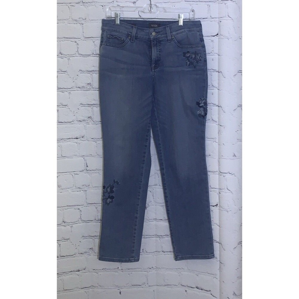 NYDJ Jeans Women's 6 Boyfriend Floral Embroidered Lift Tuck Blue Denim